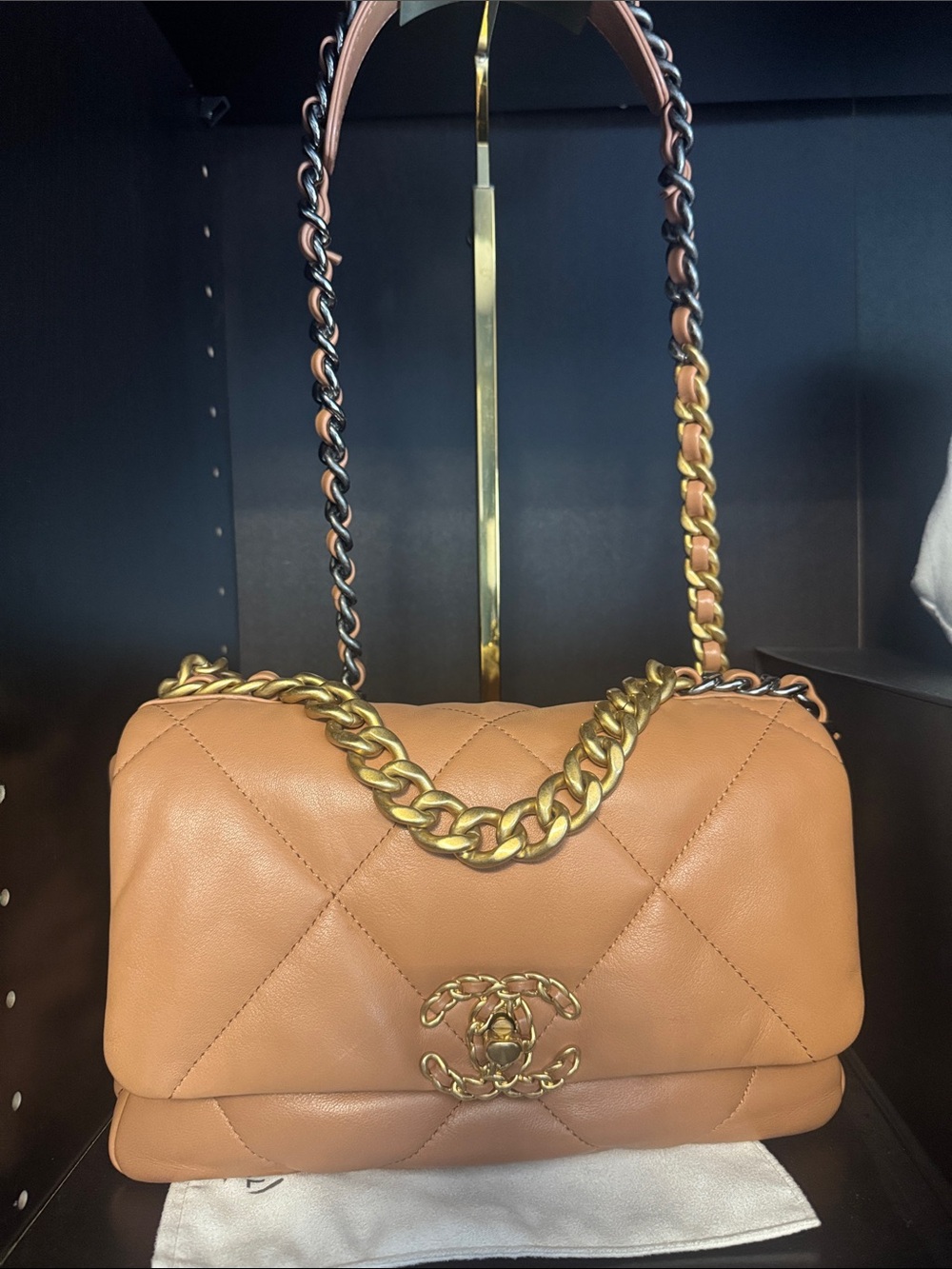 CHANEL Carmel Chanel 19 Quilted Lambskin Shoulder Bag